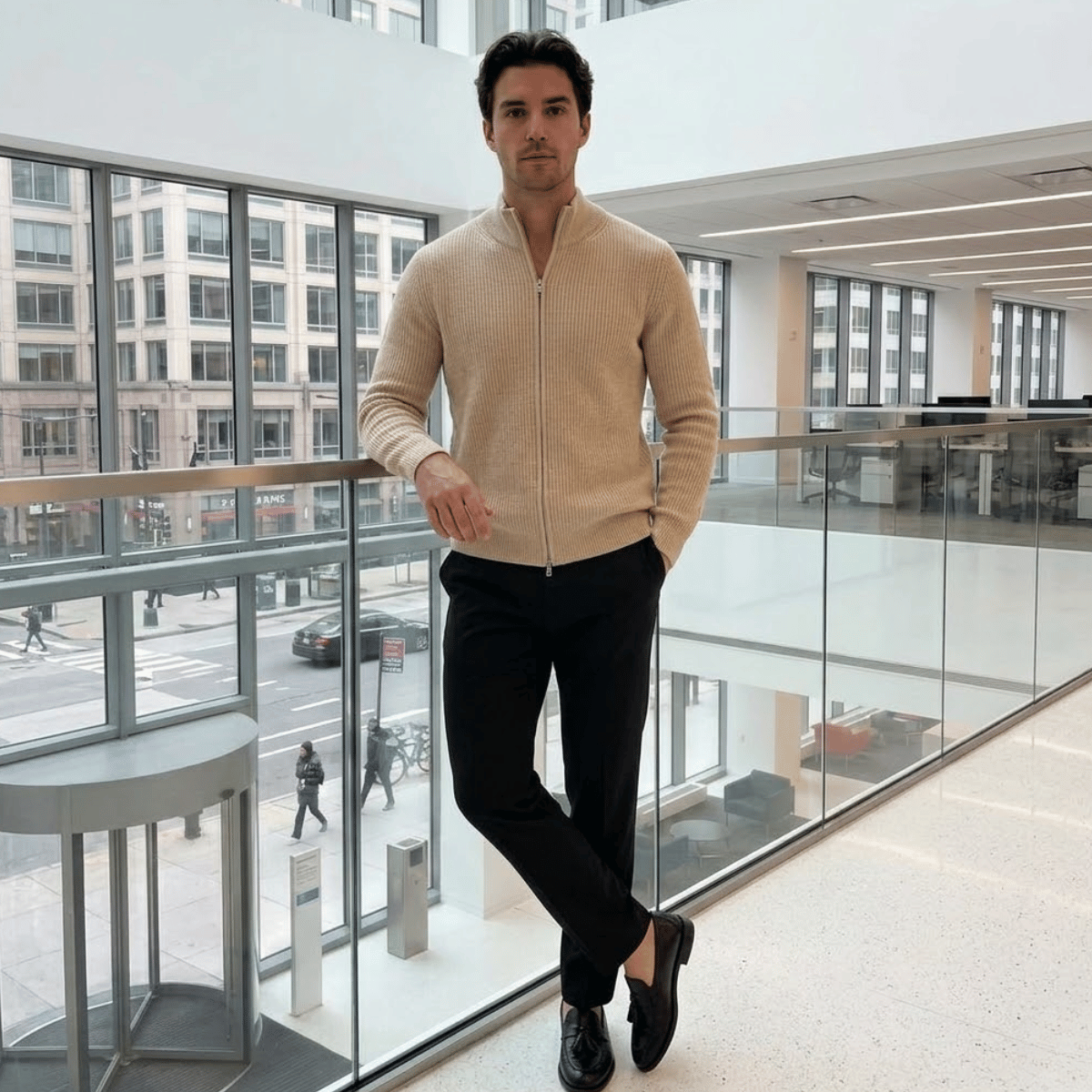Conjunto Jaqueta Cardigan de Tricot com Zíper + Calça de Alfaiataria Preta