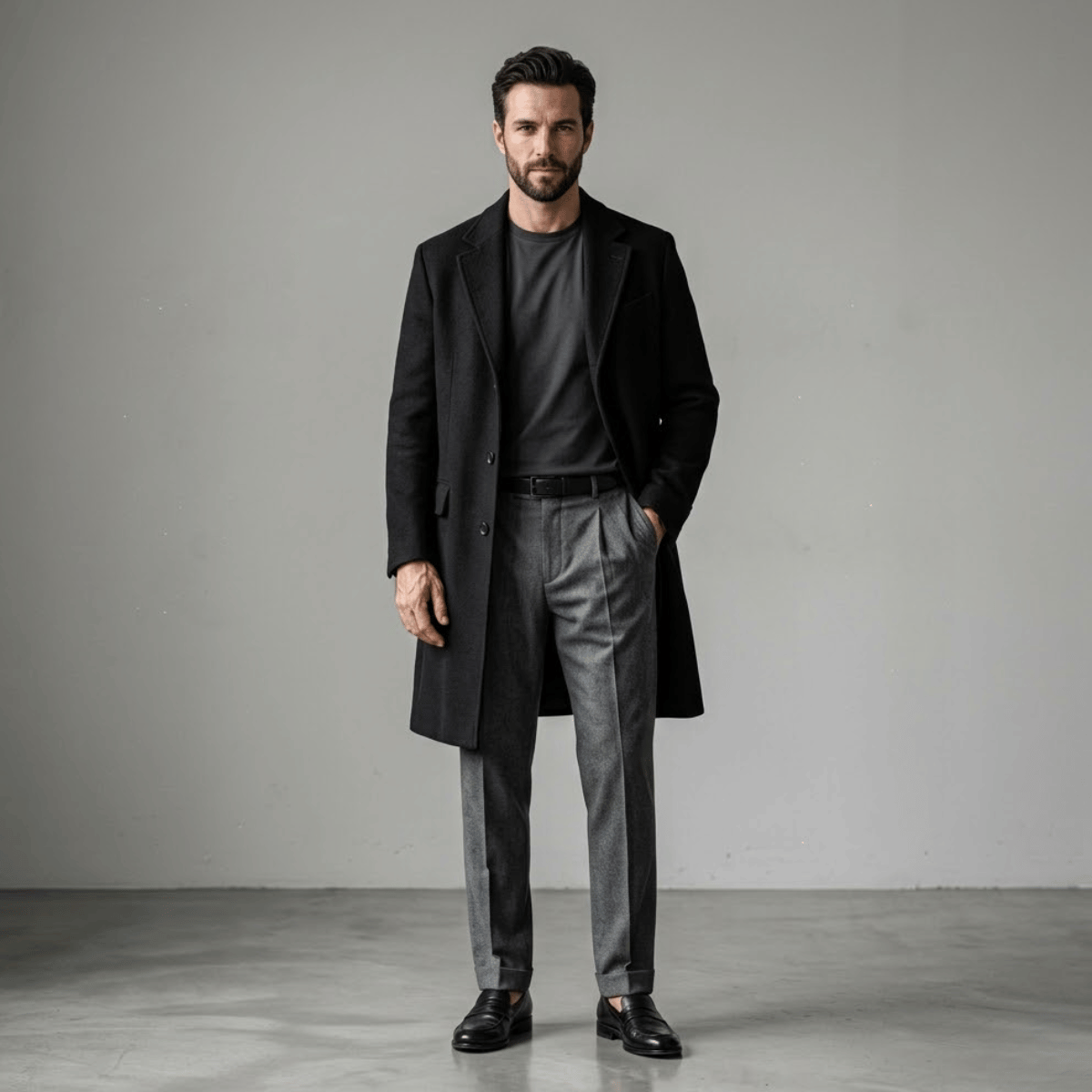 Conjunto Sobretudo Masculino de Lã + Calça de Alfaiataria Cinza