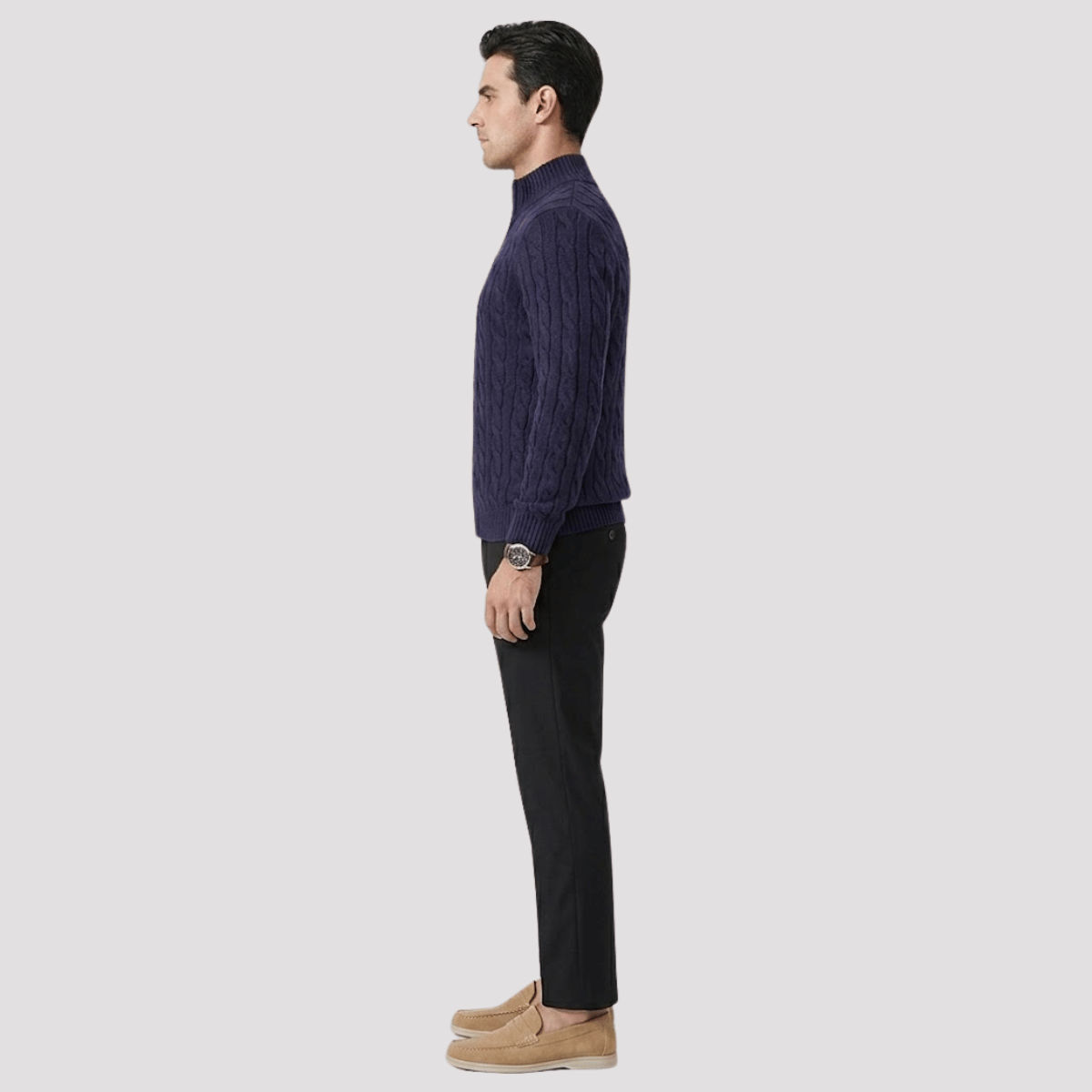 Conjunto Jaqueta Quarter Zip + Mocassim Loafer de Camurça + Calça de Alfaiataria