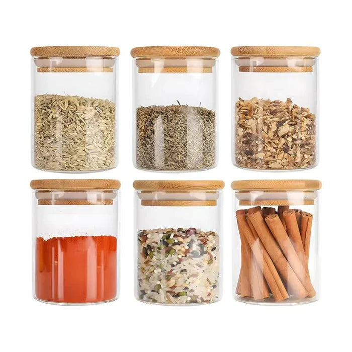 Kit com 6 Potes Herméticos de Vidro e Bambu — frescor duradouro com vedação total