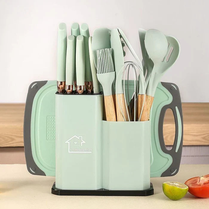 Kit Utensílios de Cozinha em Silicone Premium – 19 Peças com Suporte