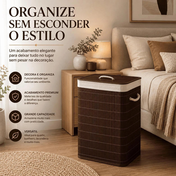 Cesto de Roupa Suja 72L em Bambu com Tampa e Alças