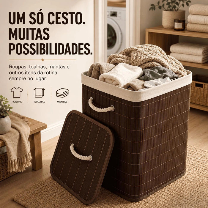 Cesto de Roupa Suja 72L em Bambu com Tampa e Alças