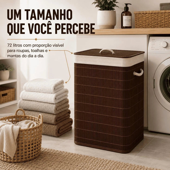 Cesto de Roupa Suja 72L em Bambu com Tampa e Alças