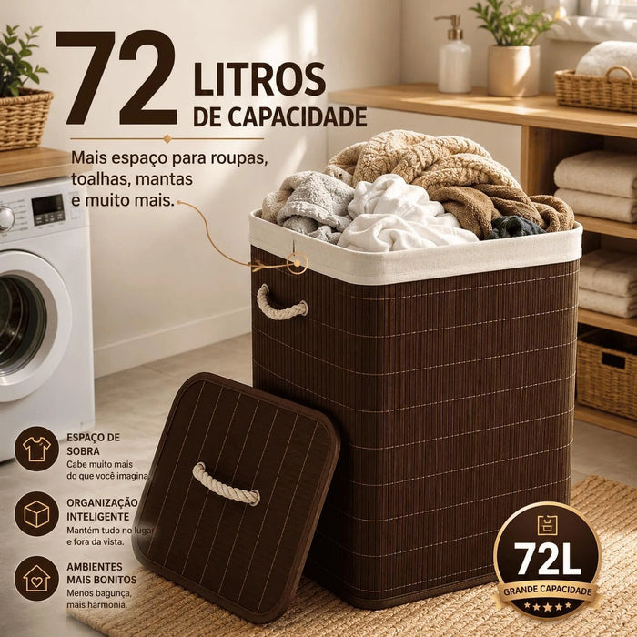 Cesto de Roupa Suja 72L em Bambu com Tampa e Alças