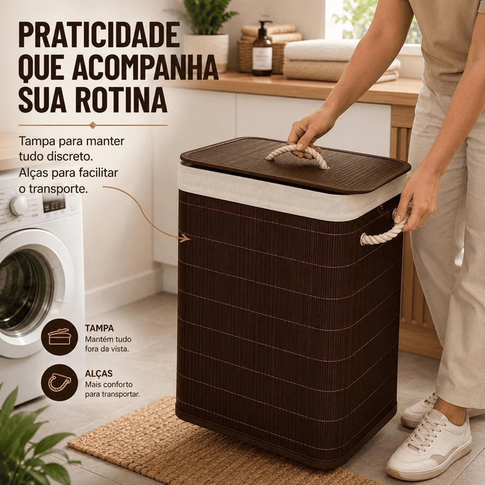 Cesto de Roupa Suja 72L em Bambu com Tampa e Alças
