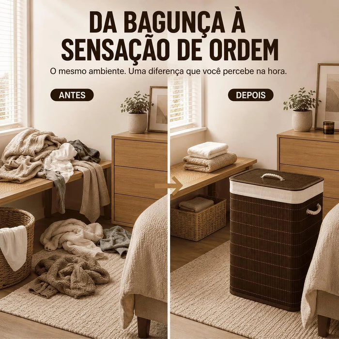 Cesto de Roupa Suja 72L em Bambu com Tampa e Alças