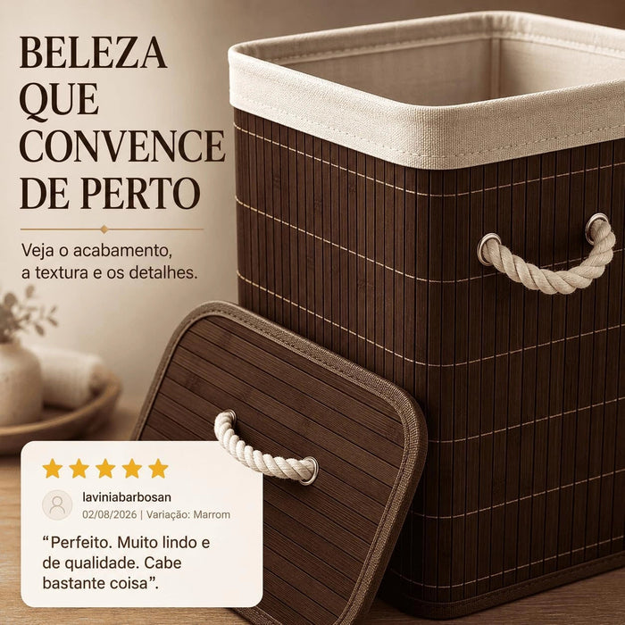 Cesto de Roupa Suja 72L em Bambu com Tampa e Alças