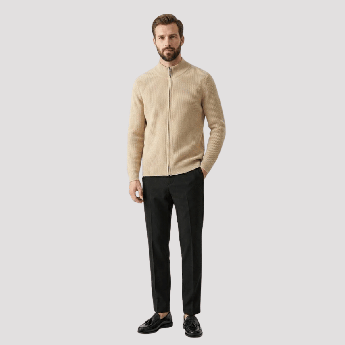 Conjunto Jaqueta Cardigan de Tricot com Zíper + Calça de Alfaiataria Preta