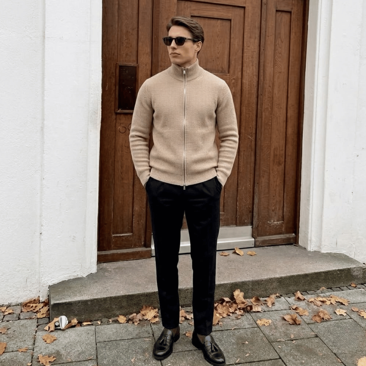 Conjunto Jaqueta Cardigan de Tricot com Zíper + Calça de Alfaiataria Preta
