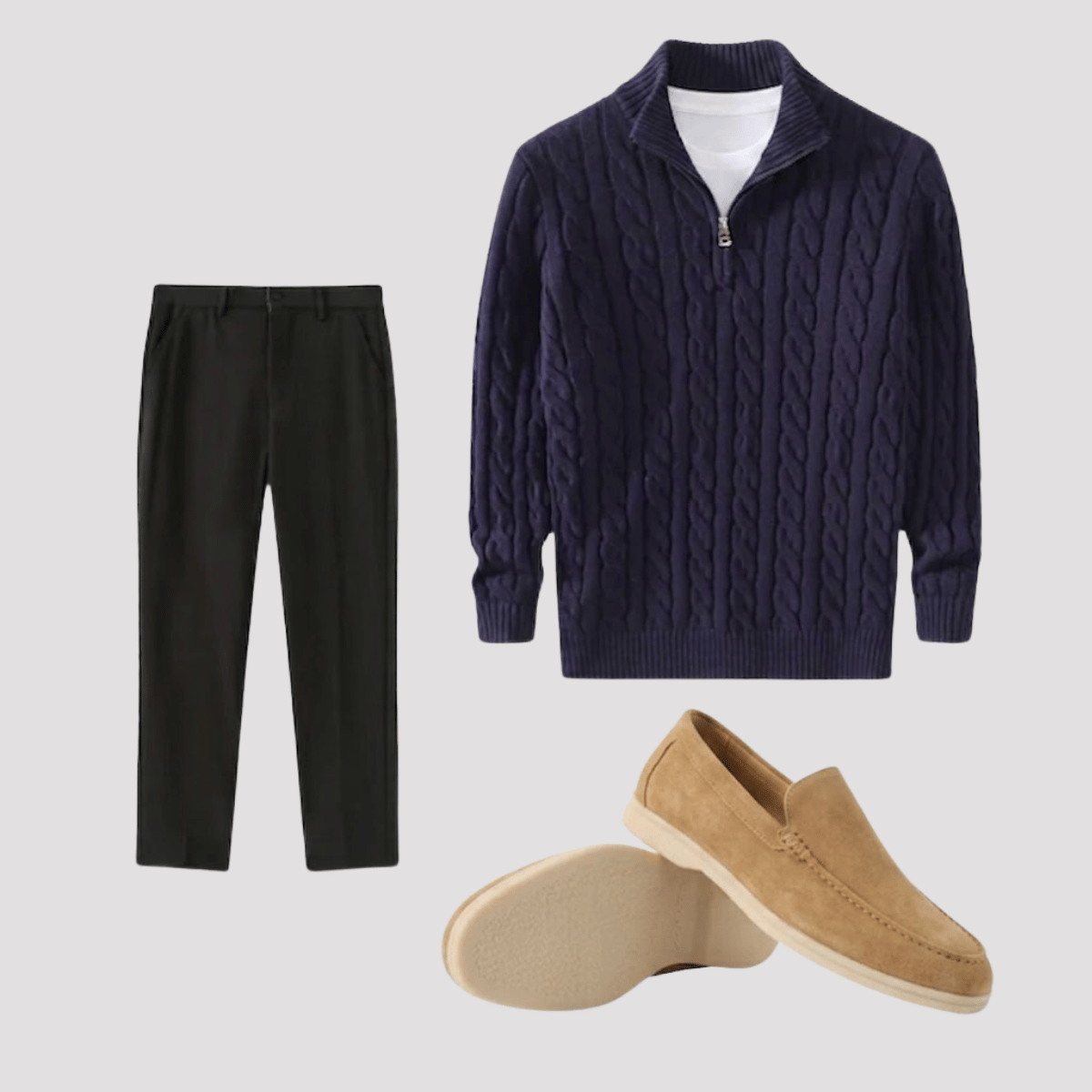 Conjunto Jaqueta Quarter Zip + Mocassim Loafer de Camurça + Calça de Alfaiataria
