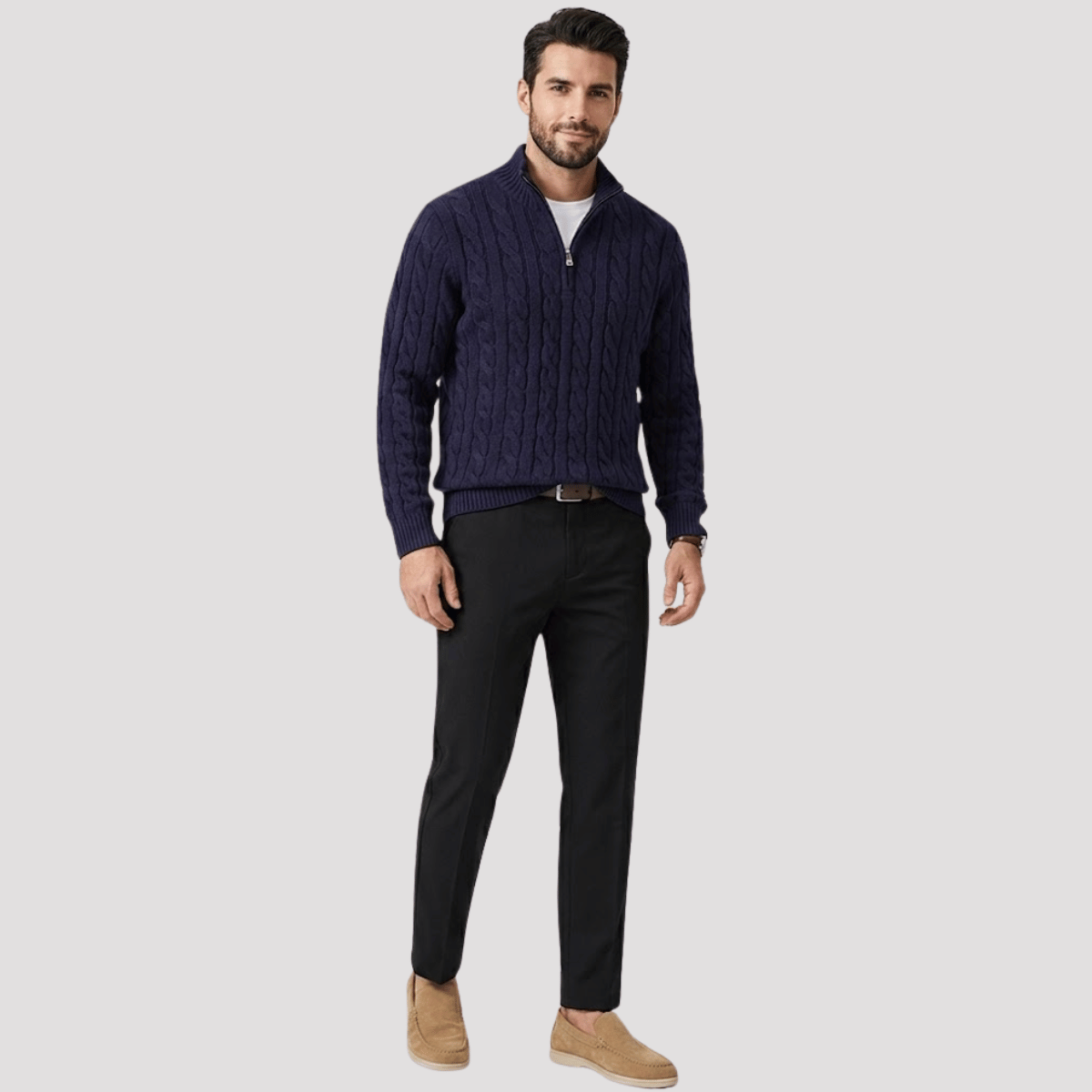 Conjunto Jaqueta Quarter Zip + Mocassim Loafer de Camurça + Calça de Alfaiataria