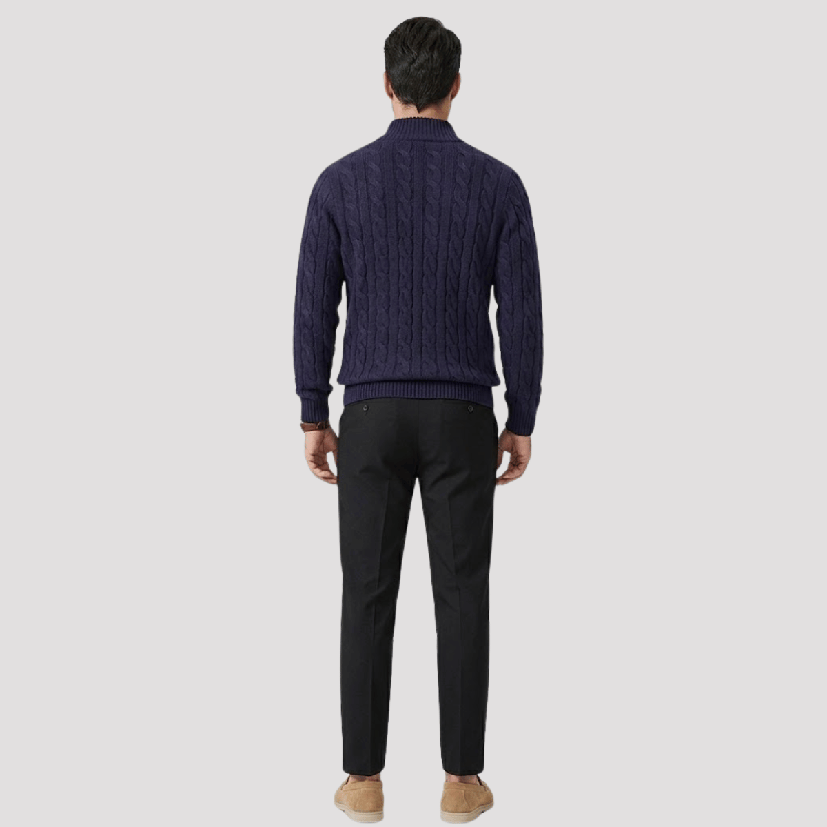 Conjunto Jaqueta Quarter Zip + Mocassim Loafer de Camurça + Calça de Alfaiataria