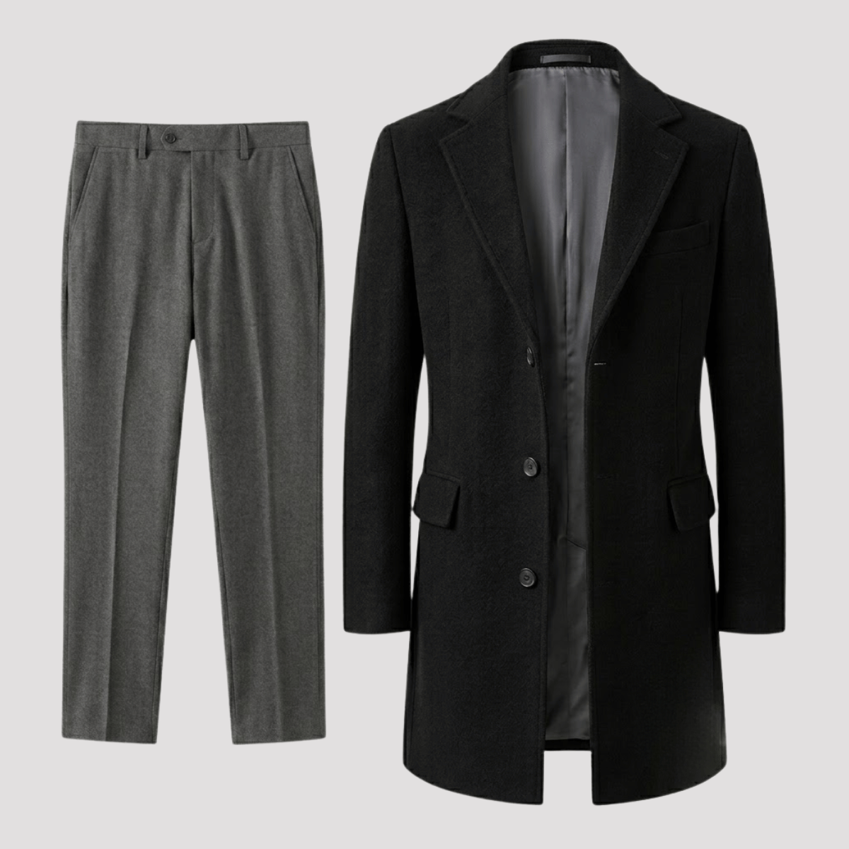 Conjunto Sobretudo Masculino de Lã + Calça de Alfaiataria Cinza
