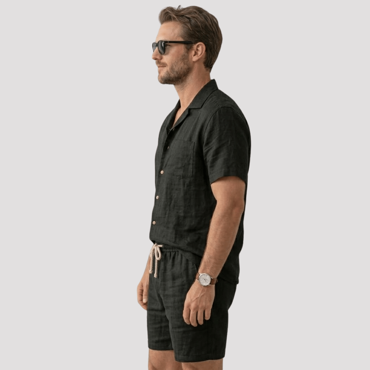 Conjunto Masculino de Linho Preto Com Óculos