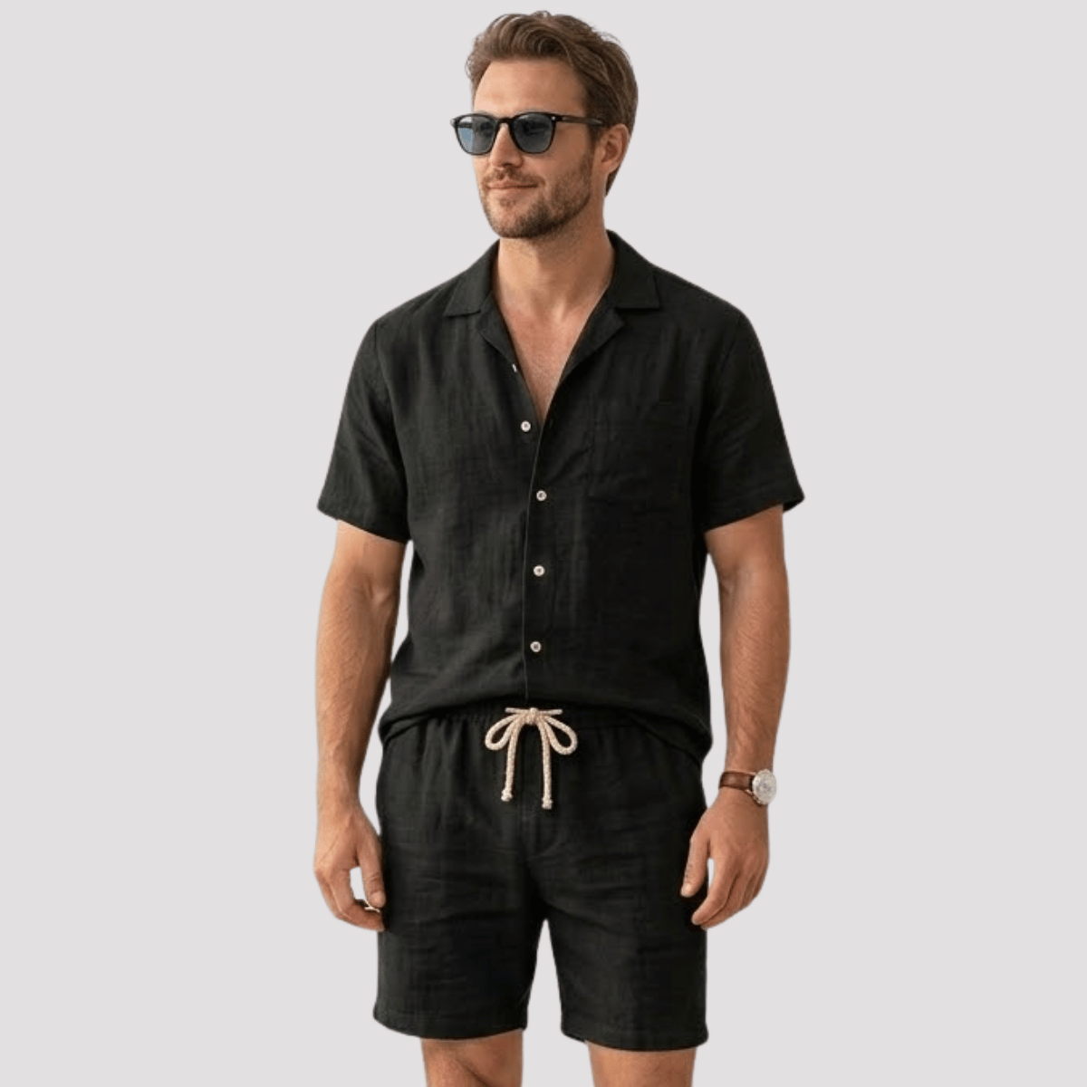 Conjunto Masculino de Linho Preto Com Óculos