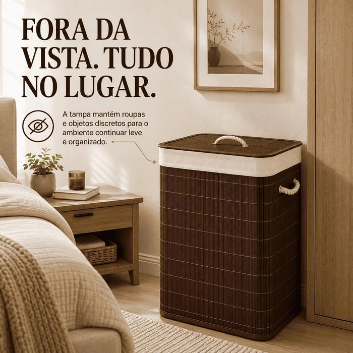 Cesto de Roupa Suja 72L em Bambu com Tampa e Alças